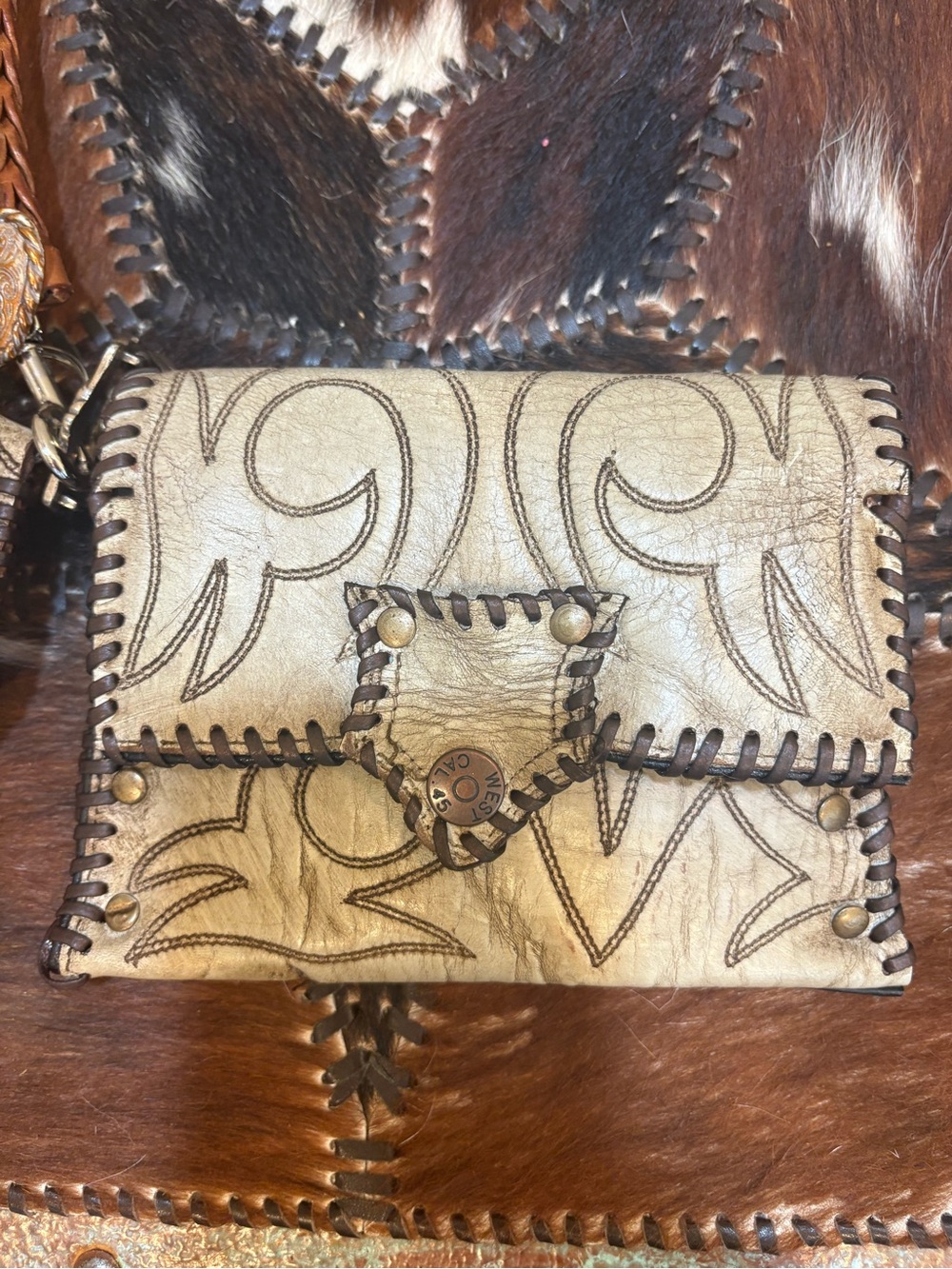 Vintage Two-Tone Tan Whipstitched Leather Clutch